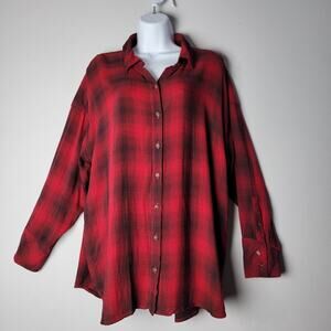 J Jill Flannel Tunic Shirt XL Petite Red Black Check Rayon Longline Soft Pockets
